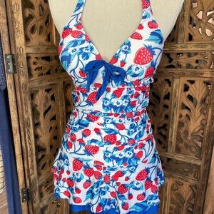 Floral Women’s Bathing Suit Blue and Red Vintage Style.